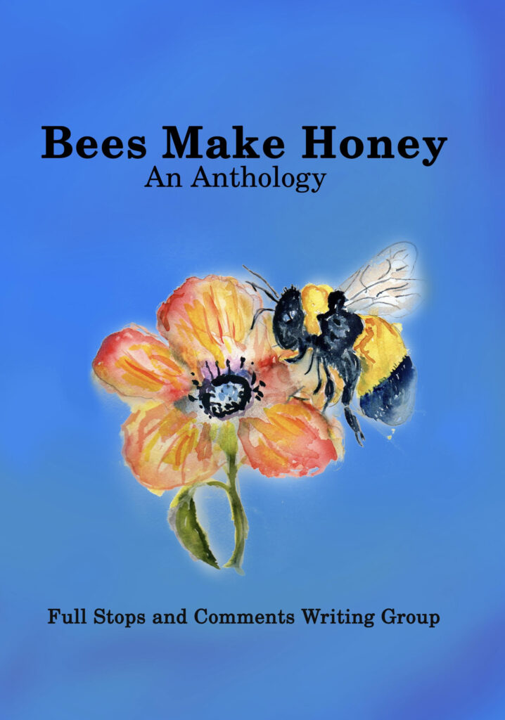 Painting of a bee on an orange flower with a bright blue background