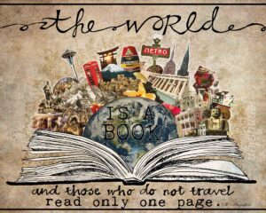 Illustration of he world and traveling through reading books