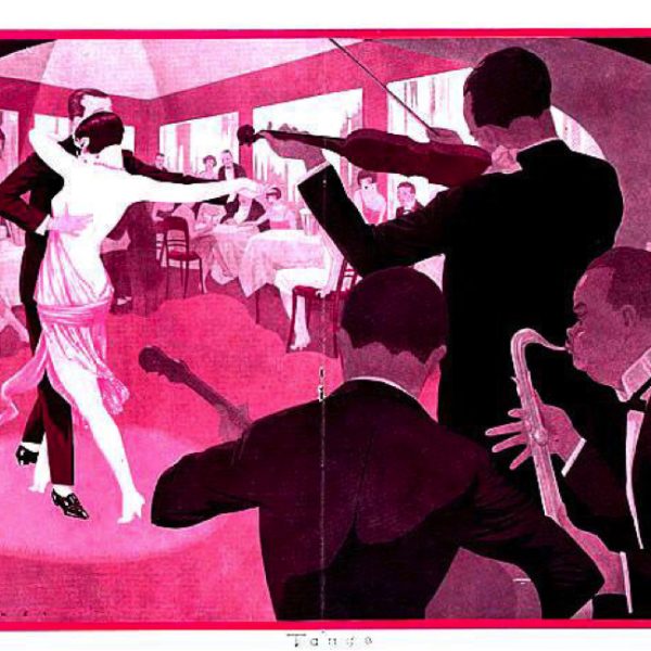 Illustration in pink of people dancing to trio band.