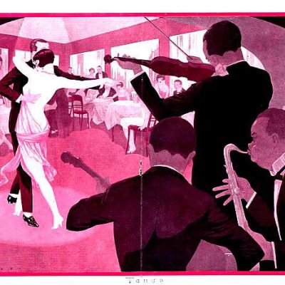 Illustration of band and dancers in pink hue